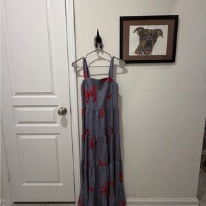 SHEIN Blue Gingham Maxi Dress with Red Lobster Design